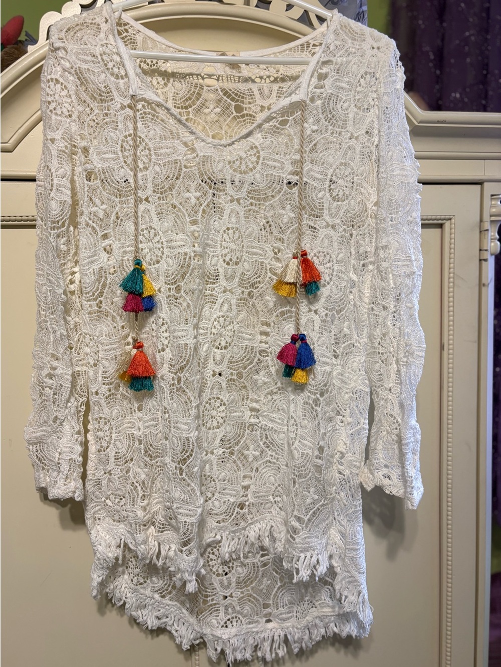 Surf gypsy White Crochet Tunic with Colorful Tassels small